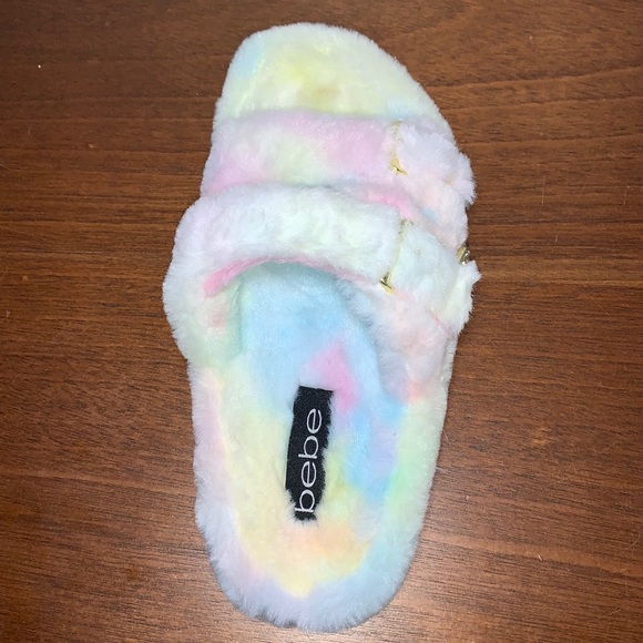 BEBE Fanny Faux Fur Fuzzie Slide Logo Rhinestone Sandals Pink Tie Dye - Picture 6 of 10